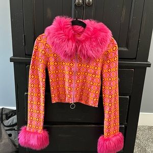 Show Me Your MuMu Pink and Orange Faux Fur-Collar Zip Cardigan